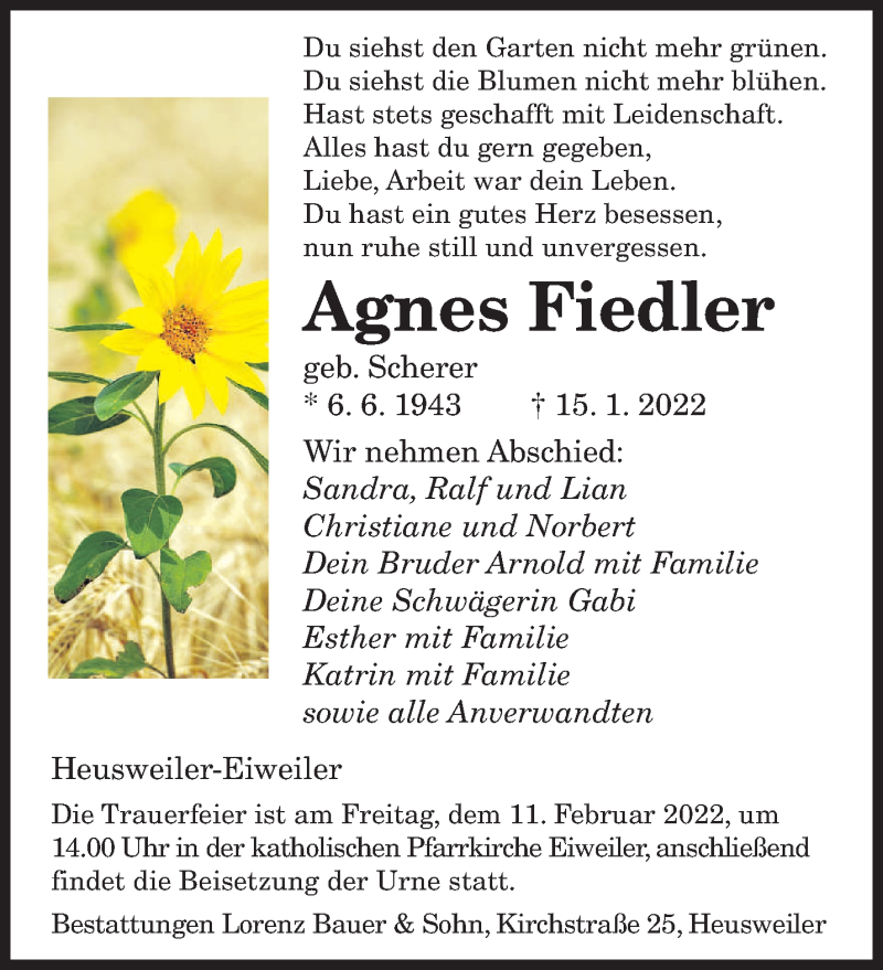  Traueranzeige für Agnes Fiedler vom 29.01.2022 aus saarbruecker_zeitung