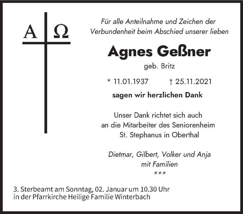  Traueranzeige für Agnes Geßner vom 31.12.2021 aus saarbruecker_zeitung