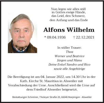 Traueranzeige von Alfons Wilhelm von saarbruecker_zeitung