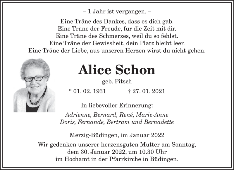  Traueranzeige für Alice Schon vom 27.01.2022 aus saarbruecker_zeitung