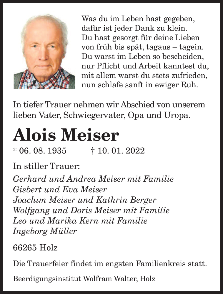  Traueranzeige für Alois Meiser vom 13.01.2022 aus saarbruecker_zeitung