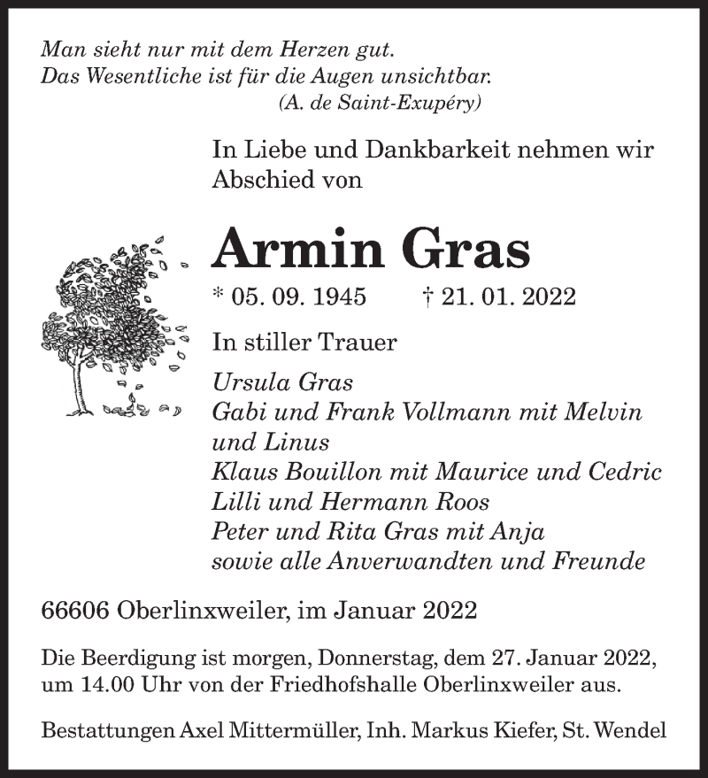  Traueranzeige für Armin Gras vom 26.01.2022 aus saarbruecker_zeitung