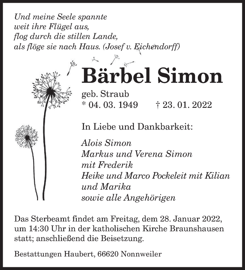  Traueranzeige für Bärbel Simon vom 27.01.2022 aus saarbruecker_zeitung