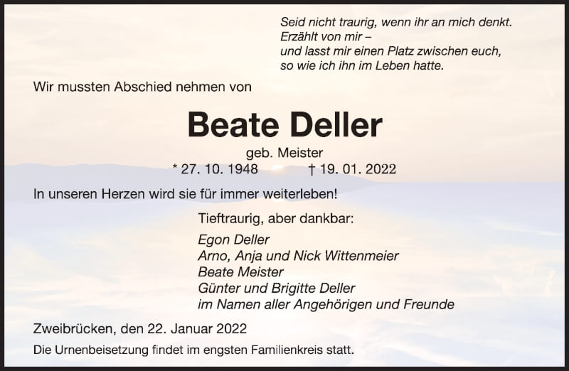  Traueranzeige für Beate Deller vom 22.01.2022 aus saarbruecker_zeitung