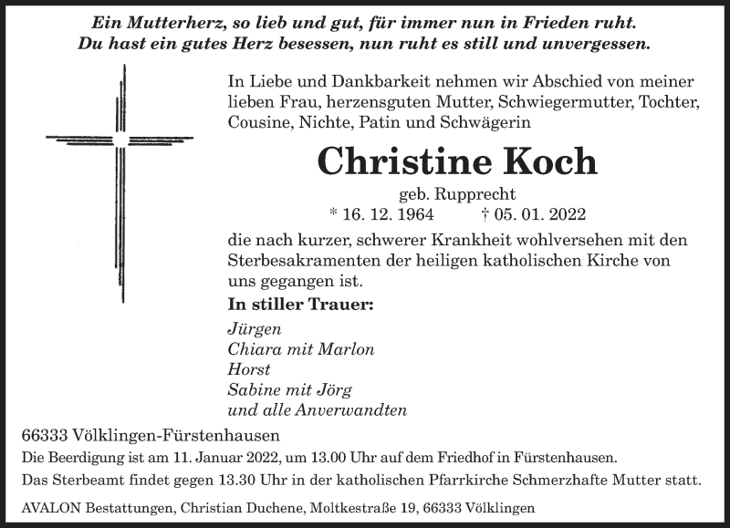  Traueranzeige für Christine Koch vom 08.01.2022 aus saarbruecker_zeitung