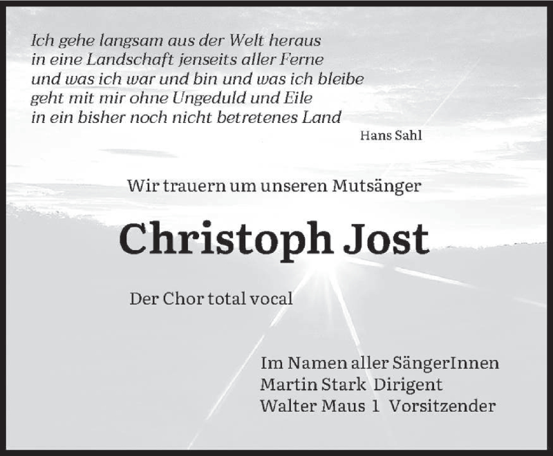  Traueranzeige für Christoph Jost vom 15.01.2022 aus saarbruecker_zeitung