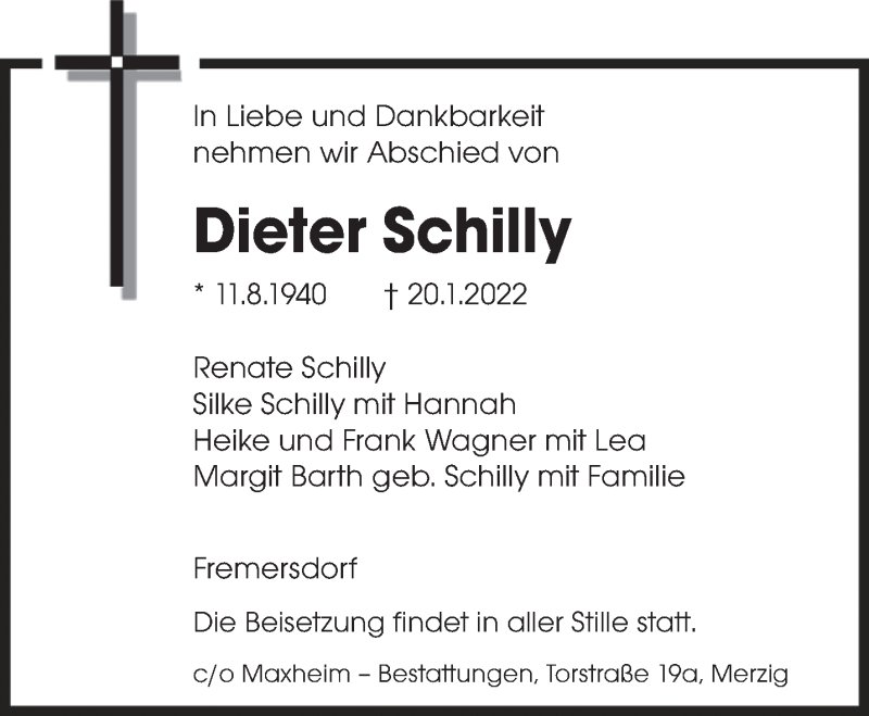  Traueranzeige für Dieter Schilly vom 24.01.2022 aus saarbruecker_zeitung