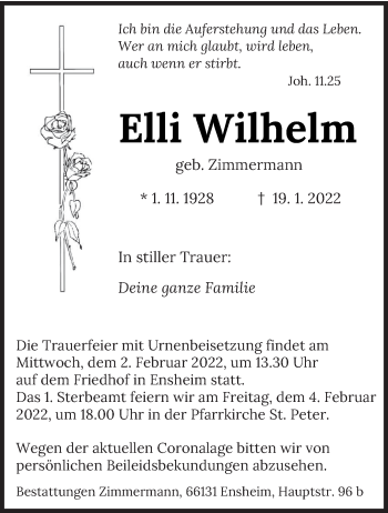 Traueranzeige von Elli Wilhelm von saarbruecker_zeitung