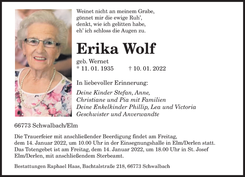  Traueranzeige für Erika Wolf vom 13.01.2022 aus saarbruecker_zeitung