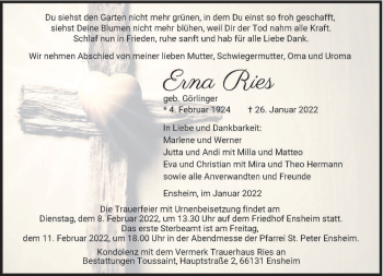 Traueranzeige von Erna Ries von saarbruecker_zeitung