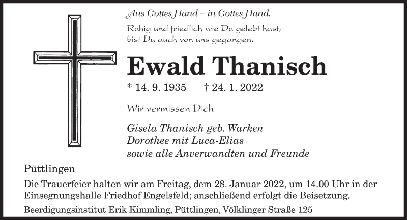  Traueranzeige für Ewald Thanisch vom 26.01.2022 aus saarbruecker_zeitung