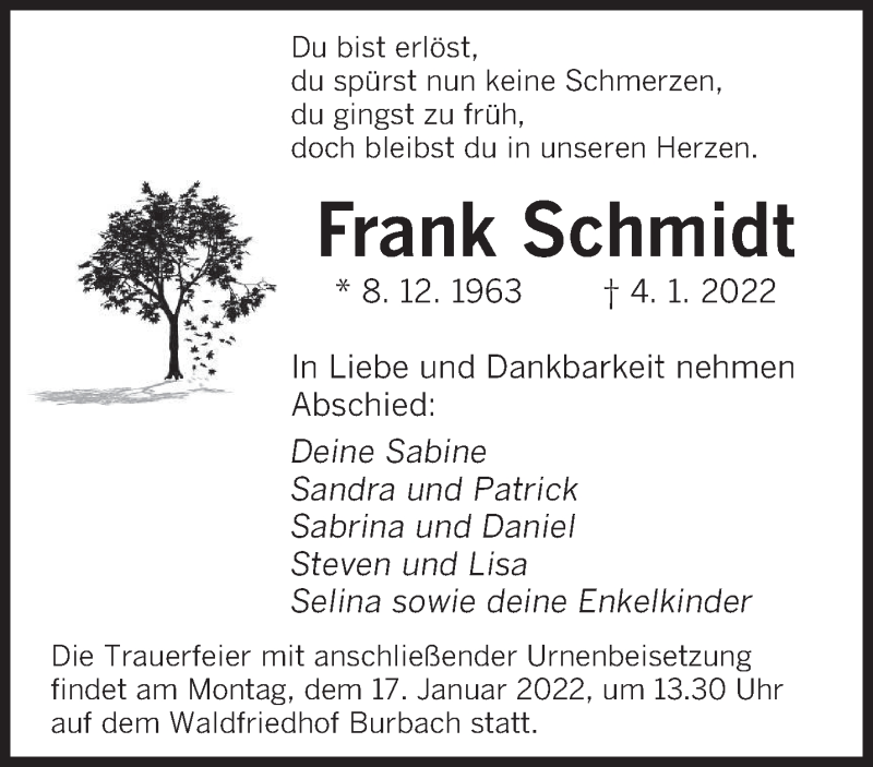  Traueranzeige für Frank Schmidt vom 08.01.2022 aus saarbruecker_zeitung