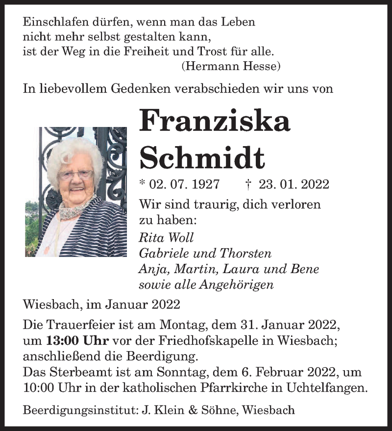  Traueranzeige für Franziska Schmidt vom 26.01.2022 aus saarbruecker_zeitung