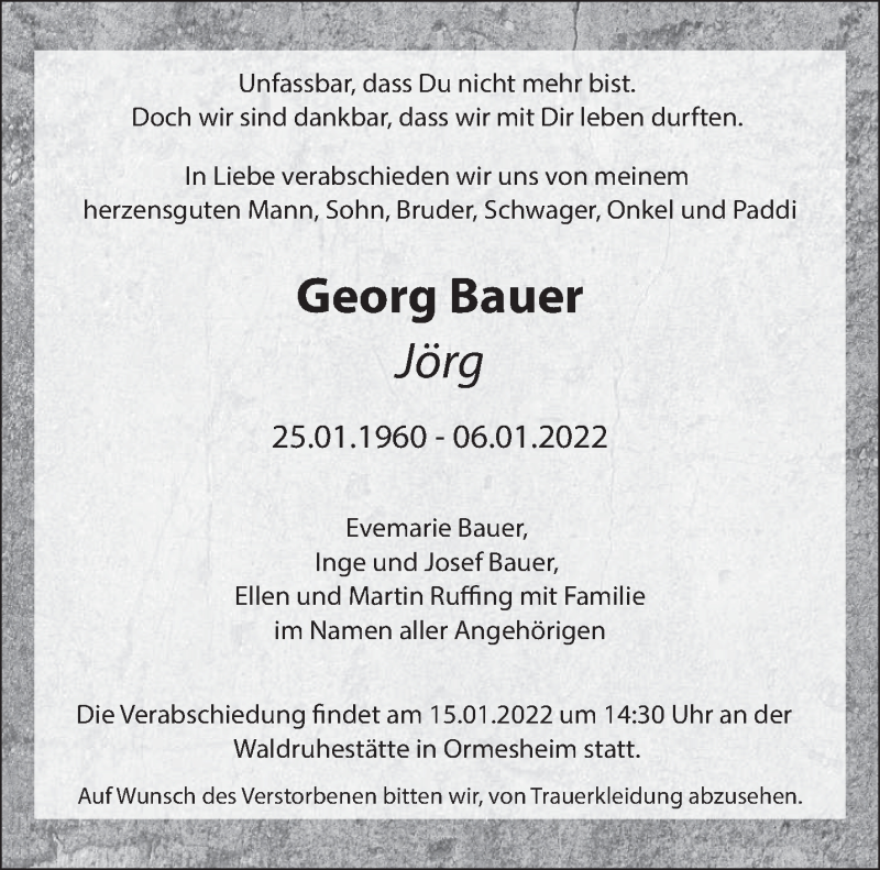  Traueranzeige für Georg Bauer vom 13.01.2022 aus saarbruecker_zeitung
