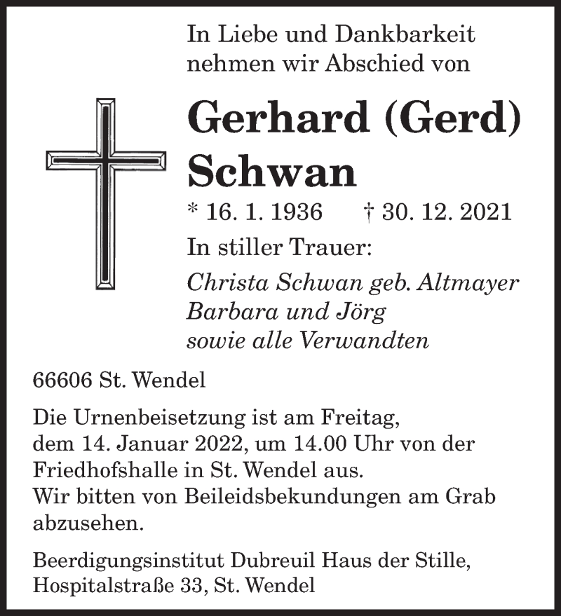  Traueranzeige für Gerhard Schwan vom 08.01.2022 aus saarbruecker_zeitung