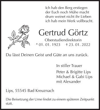 Traueranzeige von Gertrud Görtz von saarbruecker_zeitung