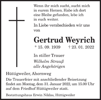 Traueranzeige von Gertrud Weyrich von saarbruecker_zeitung
