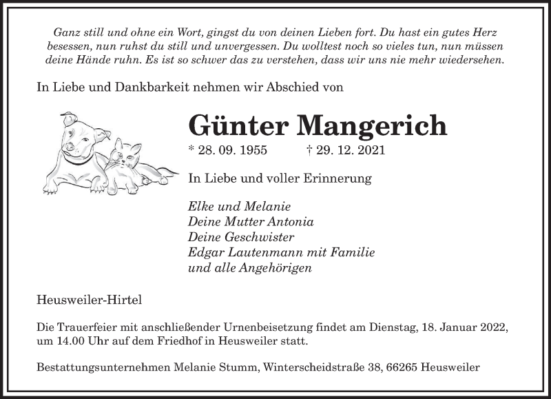  Traueranzeige für Günter Mangerich vom 12.01.2022 aus saarbruecker_zeitung