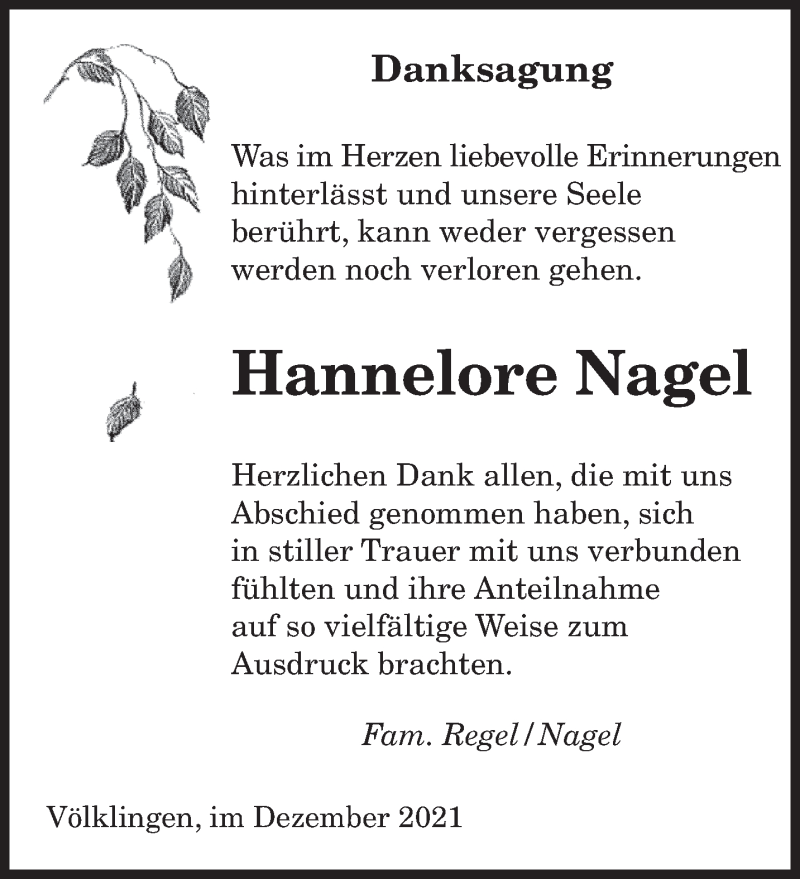  Traueranzeige für Hannelore Nagel vom 31.12.2021 aus saarbruecker_zeitung