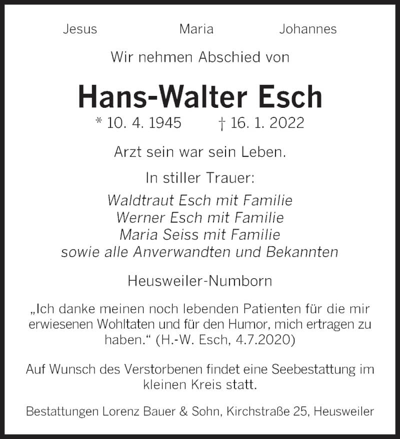  Traueranzeige für Hans-Walter Esch vom 22.01.2022 aus saarbruecker_zeitung