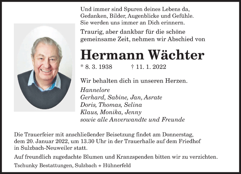 Traueranzeige für Hermann Wächter vom 15.01.2022 aus saarbruecker_zeitung