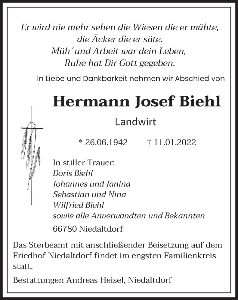  Traueranzeige für Hermann Josef Biehl vom 13.01.2022 aus saarbruecker_zeitung