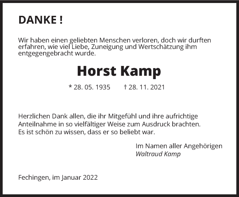  Traueranzeige für Horst Kamp vom 15.01.2022 aus saarbruecker_zeitung
