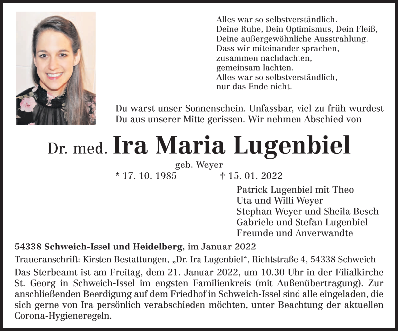  Traueranzeige für Ira Maria Lugenbiel vom 19.01.2022 aus saarbruecker_zeitung