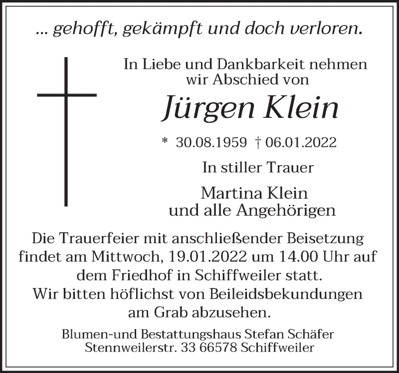  Traueranzeige für Jürgen Klein vom 15.01.2022 aus saarbruecker_zeitung