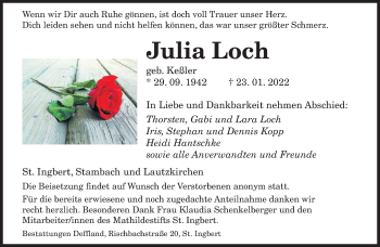 Traueranzeige von Julia Loch von saarbruecker_zeitung