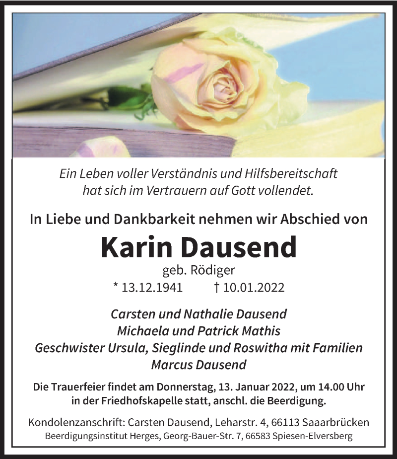  Traueranzeige für Karin Dausend vom 12.01.2022 aus saarbruecker_zeitung