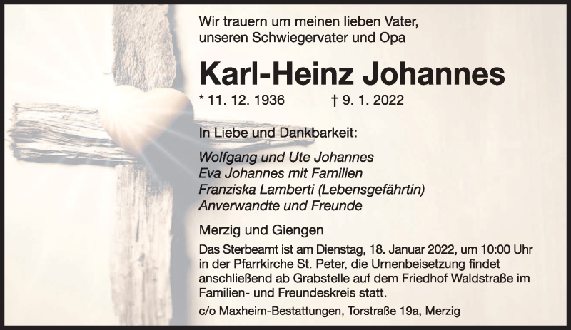  Traueranzeige für Karl-Heinz Johannes vom 14.01.2022 aus saarbruecker_zeitung