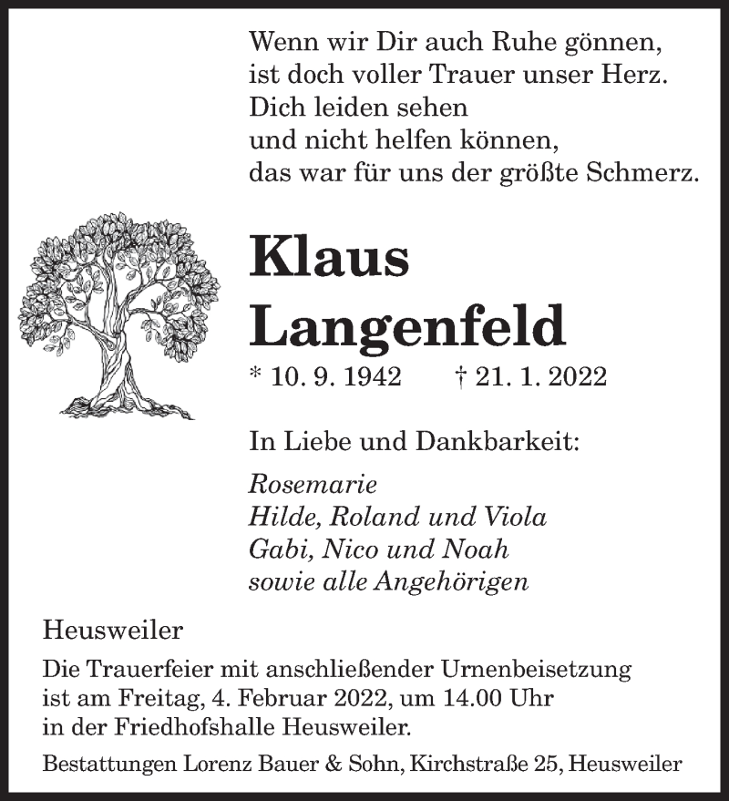  Traueranzeige für Klaus Langenfeld vom 29.01.2022 aus saarbruecker_zeitung