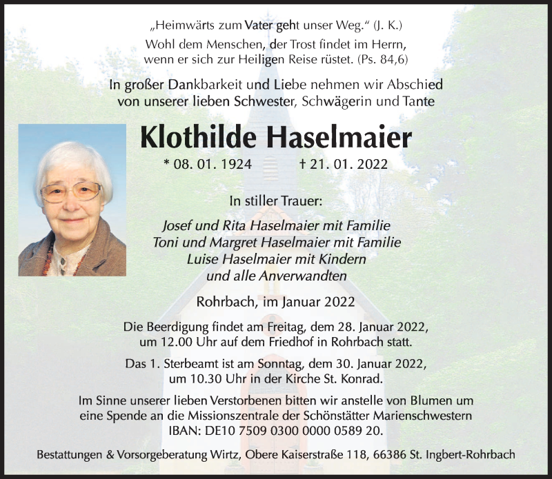  Traueranzeige für Klothilde Haselmaier vom 26.01.2022 aus saarbruecker_zeitung