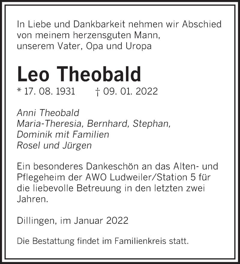  Traueranzeige für Leo Theobald vom 15.01.2022 aus saarbruecker_zeitung
