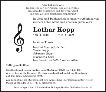 Traueranzeige von Lothar Kopp von saarbruecker_zeitung
