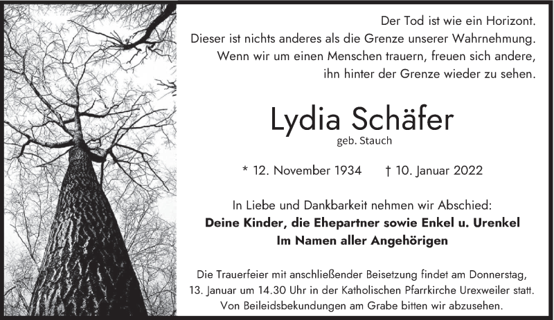  Traueranzeige für Lydia Schäfer vom 12.01.2022 aus saarbruecker_zeitung