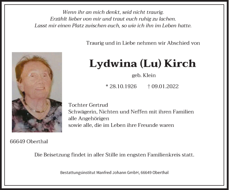  Traueranzeige für Lydwina Kirch vom 14.01.2022 aus saarbruecker_zeitung