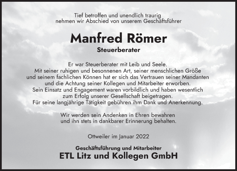  Traueranzeige für Manfred Römer vom 15.01.2022 aus saarbruecker_zeitung