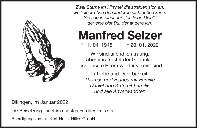  Traueranzeige für Manfred Selzer vom 26.01.2022 aus saarbruecker_zeitung