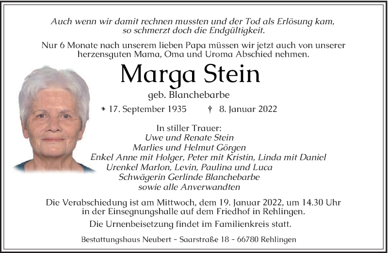  Traueranzeige für Marga Stein vom 15.01.2022 aus saarbruecker_zeitung