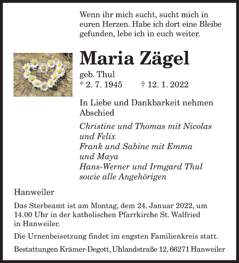  Traueranzeige für Maria Zägel vom 15.01.2022 aus saarbruecker_zeitung