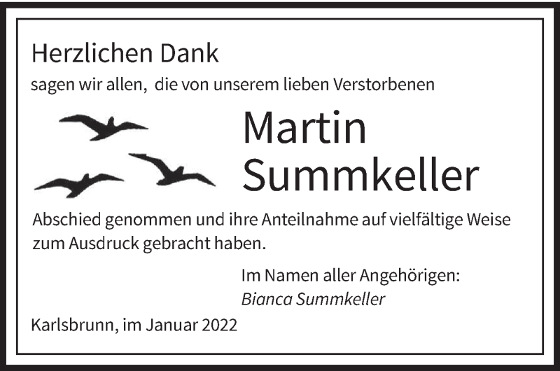  Traueranzeige für Martin Summkeller vom 08.01.2022 aus saarbruecker_zeitung