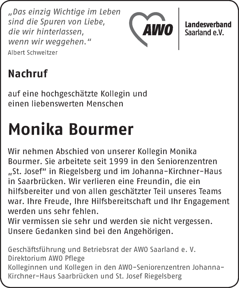  Traueranzeige für Monika Bourmer vom 10.01.2022 aus saarbruecker_zeitung
