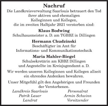 Traueranzeige von Nachruf Landkreisverwaltung Saarlouis von saarbruecker_zeitung