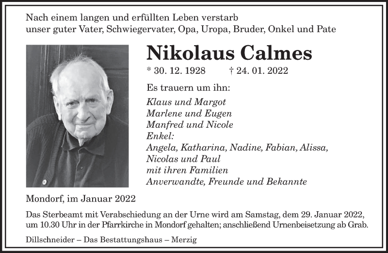  Traueranzeige für Nikolaus Calmes vom 27.01.2022 aus saarbruecker_zeitung