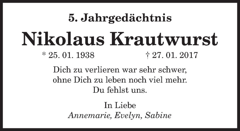  Traueranzeige für Nikolaus Krautwurst vom 29.01.2022 aus saarbruecker_zeitung