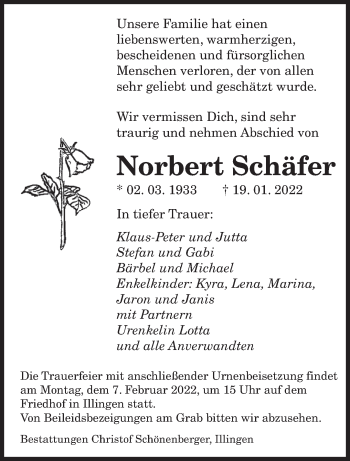 Traueranzeigen von Norbert Schäfer | Saarbruecker-Zeitung.Trauer.de