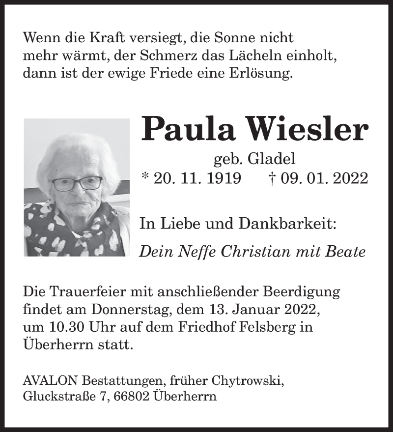 Traueranzeige für Paula Wiesler vom 12.01.2022 aus saarbruecker_zeitung