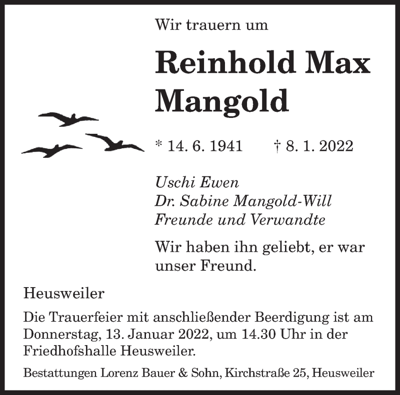  Traueranzeige für Reinhold Mangold vom 11.01.2022 aus saarbruecker_zeitung
